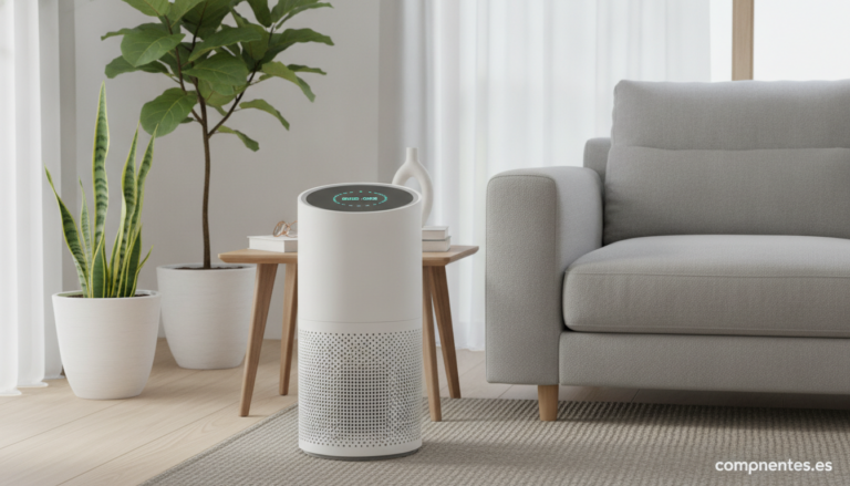 Purificador de aire HEPA en salón moderno con calidad del aire en pantalla