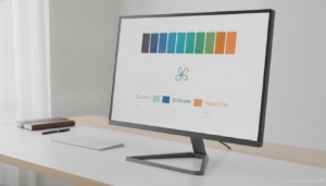 Monitor on a clean minimalist desk showing a graphic design project with color swatches and typography on screen. Ultra-th...