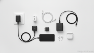 Flat lay product photography on a clean white surface: several small compact GaN USB-C wall chargers of different sizes ne...