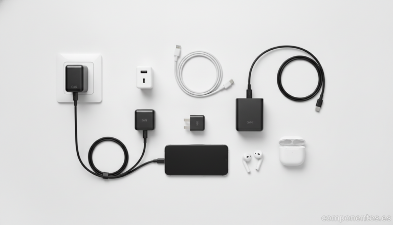 Flat lay product photography on a clean white surface: several small compact GaN USB-C wall chargers of different sizes ne...