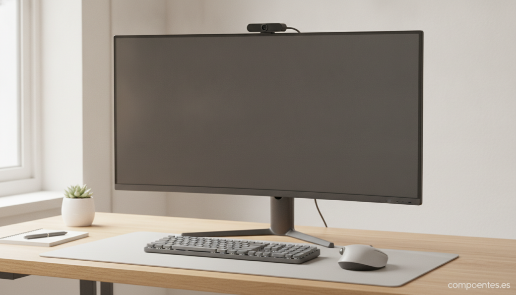Home office desk with a sleek webcam mounted on top of a widescreen monitor, USB-C cable visible, mechanical keyboard and ...