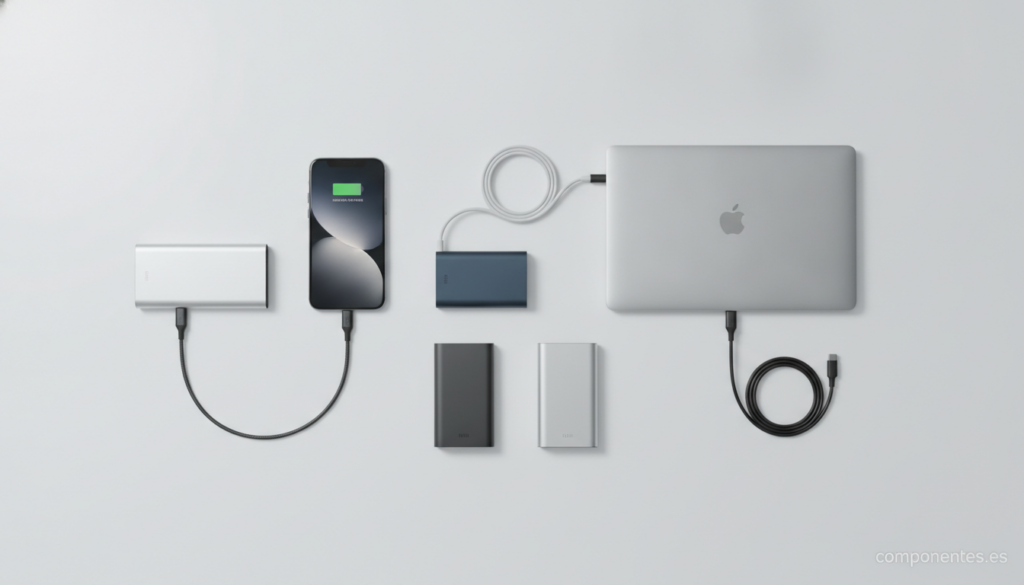 Product photography on a clean white surface: several slim power banks and portable chargers of different sizes arranged n...