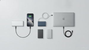 Product photography on a clean white surface: several slim power banks and portable chargers of different sizes arranged n...