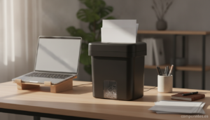 A clean home office desk scene with a modern black paper shredder prominently in the foreground, sheets of paper being fed...