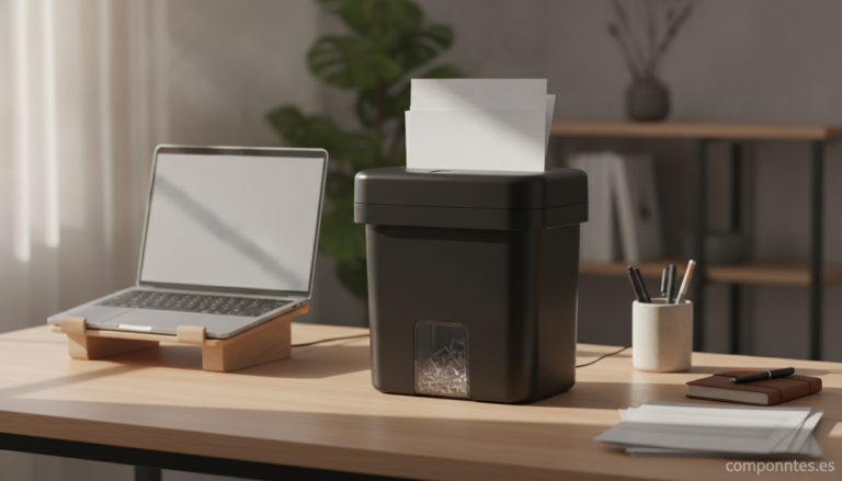 A clean home office desk scene with a modern black paper shredder prominently in the foreground, sheets of paper being fed...