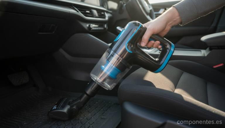 A compact cordless handheld vacuum cleaner being used to clean the interior of a modern car. Someone holding the small erg...