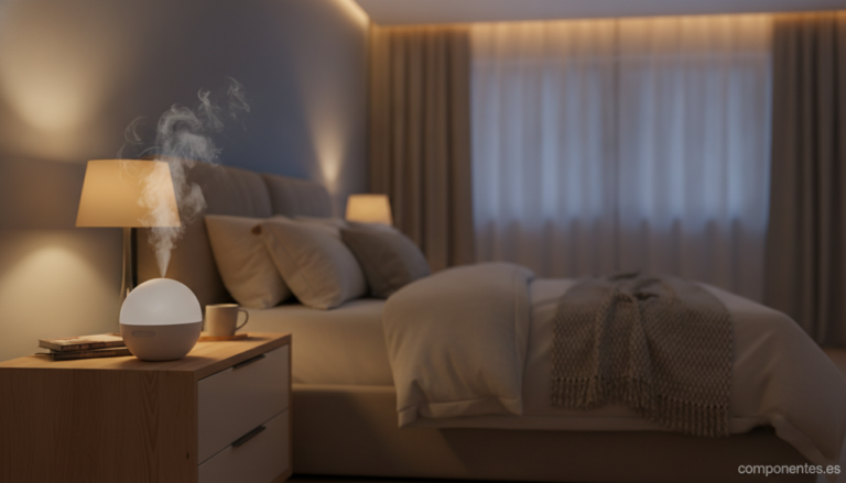 A cozy modern bedroom at night with a small ultrasonic humidifier on a nightstand emitting a soft visible mist, warm ambie...