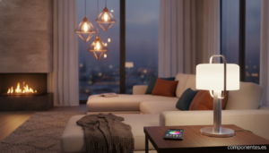Bombillas inteligentes iluminando un salón moderno controladas desde el móvil