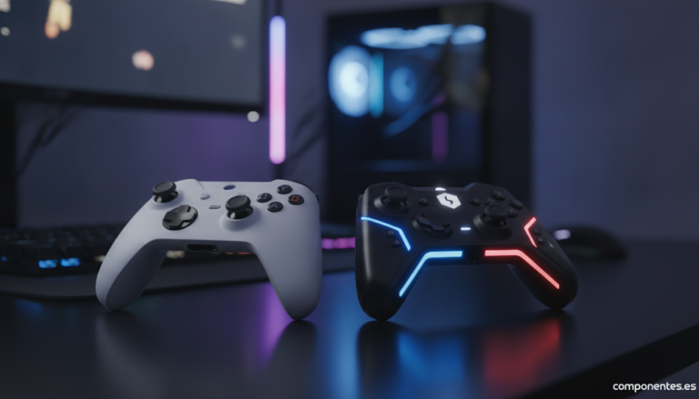 A gaming desk setup with two modern game controllers lying side by side on a dark desk surface. One controller resembles a...