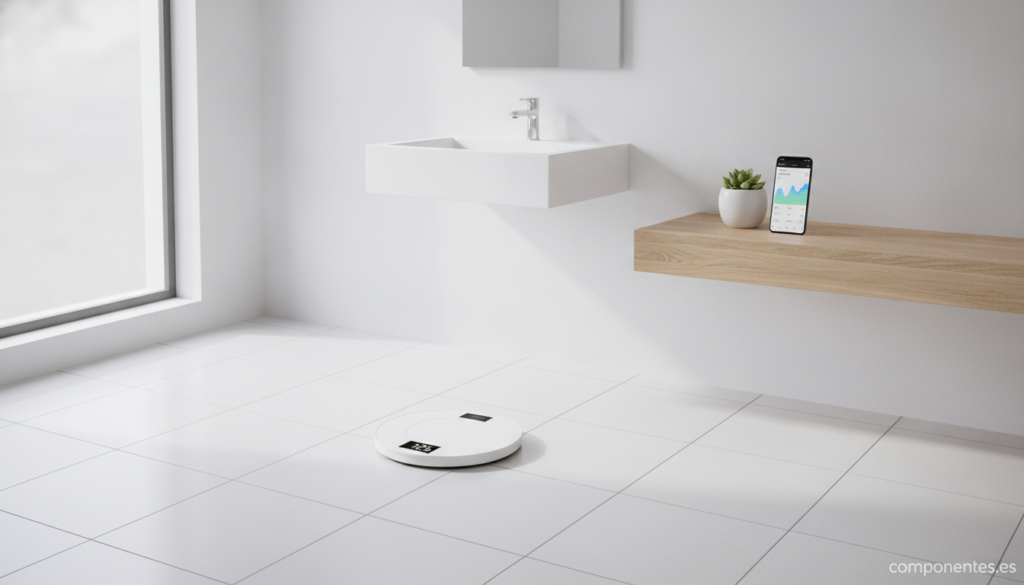 Báscula inteligente de baño conectada a una app de salud en el móvil