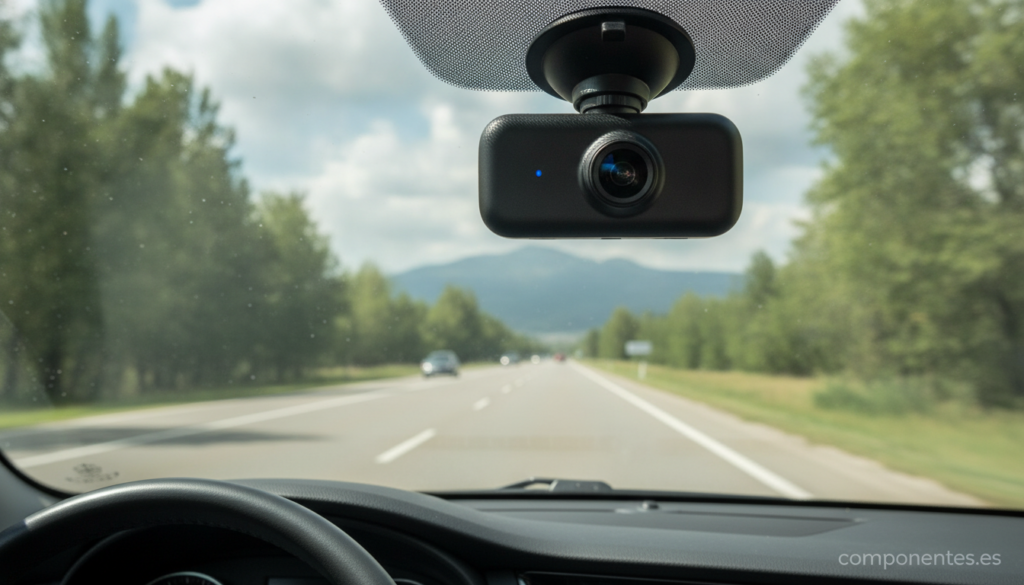 A modern black dashcam mounted on a car windshield, seen from the driver's perspective inside the vehicle cabin. The camer...