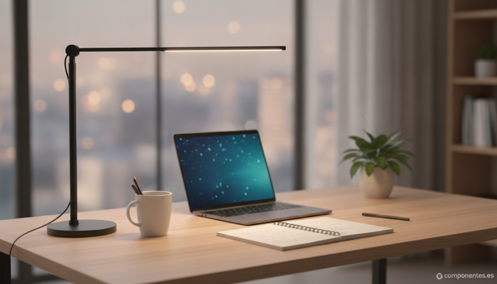 A modern home office desk setup with a sleek LED desk lamp illuminating the workspace. The lamp has an adjustable arm, war...
