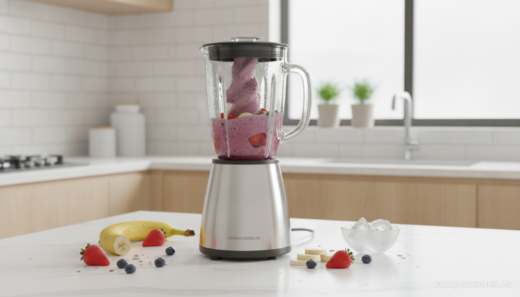 A modern kitchen countertop scene with a powerful glass jar blender in use, fresh fruit and ice cubes nearby, smoothie bei...