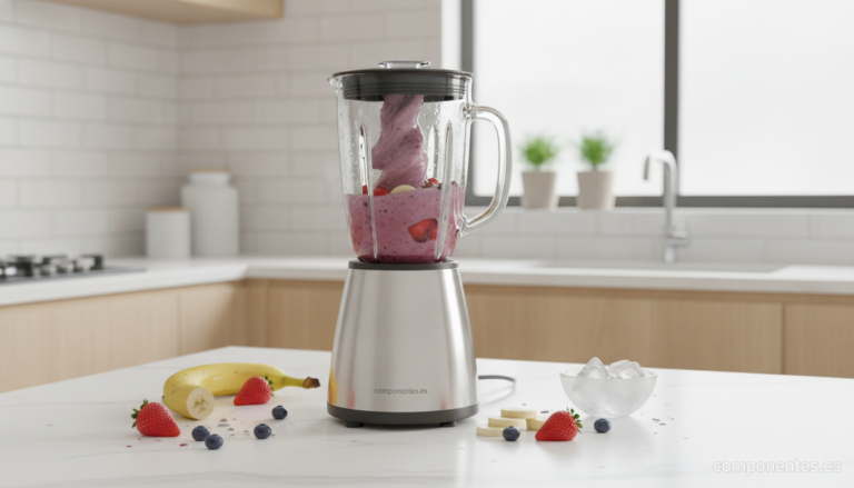 A modern kitchen countertop scene with a powerful glass jar blender in use, fresh fruit and ice cubes nearby, smoothie bei...