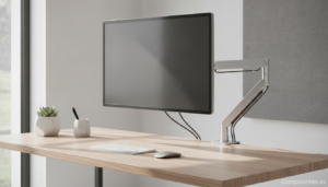 A modern minimalist home office desk scene, close-up angle showing a computer monitor mounted on an articulated metal arm ...