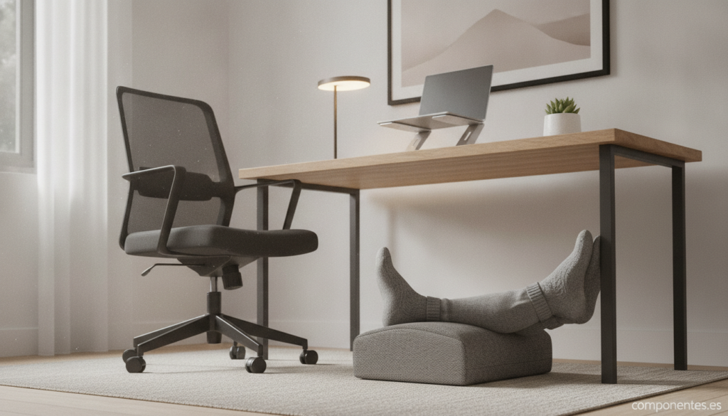 A modern minimalist home office desk scene from a low side angle, showing a person's feet resting comfortably on an ergono...