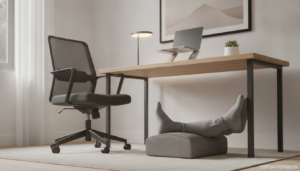 A modern minimalist home office desk scene from a low side angle, showing a person's feet resting comfortably on an ergono...
