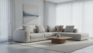 A modern minimalist living room with a slim bladeless tower fan standing in the corner near a sofa, soft natural daylight,...