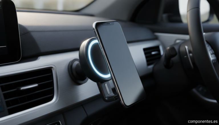 A modern wireless phone charger car mount attached to a car air vent, holding a smartphone. The device shows a circular ma...