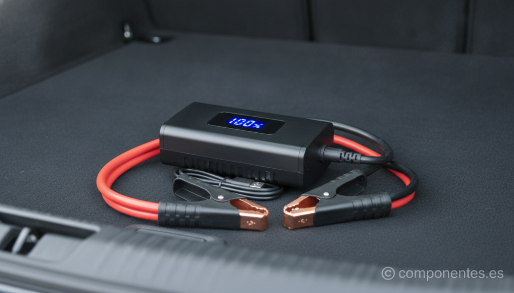 A portable car jump starter / battery booster pack placed on a car trunk, with jump cables and clamps visible. Modern comp...