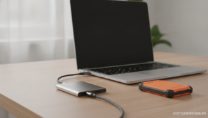 SSD externos USB 3.2 y Thunderbolt conectados a un portátil sobre un escritorio