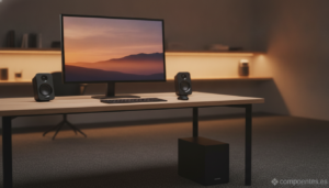 A realistic desk setup photo: a black 2.1 computer speaker system with two satellite speakers flanking a monitor and a com...