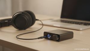 A realistic desktop scene on a home office desk: a compact black headphone DAC/amplifier device with a small display and v...