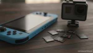 A realistic macro-style photo of several microSD memory cards laid out next to a Nintendo-style handheld gaming console an...
