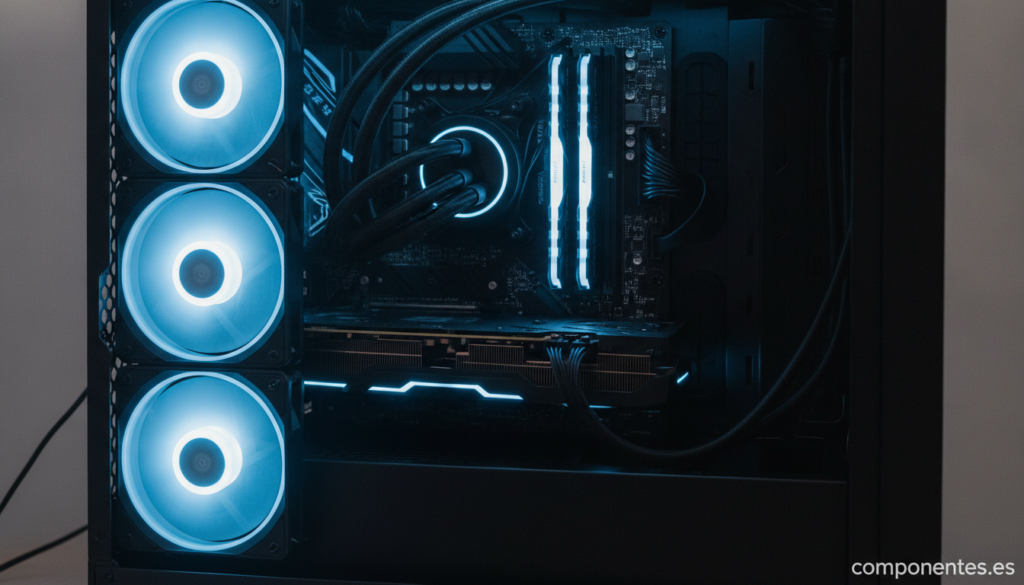 A realistic photo of a 360mm AIO liquid cooler radiator with three fans mounted inside an open PC case, tubing running to ...