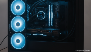 A realistic photo of a 360mm AIO liquid cooler radiator with three fans mounted inside an open PC case, tubing running to ...