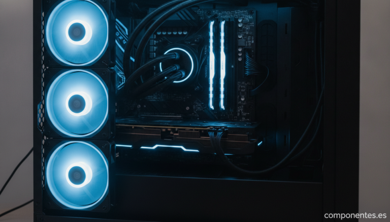 A realistic photo of a 360mm AIO liquid cooler radiator with three fans mounted inside an open PC case, tubing running to ...