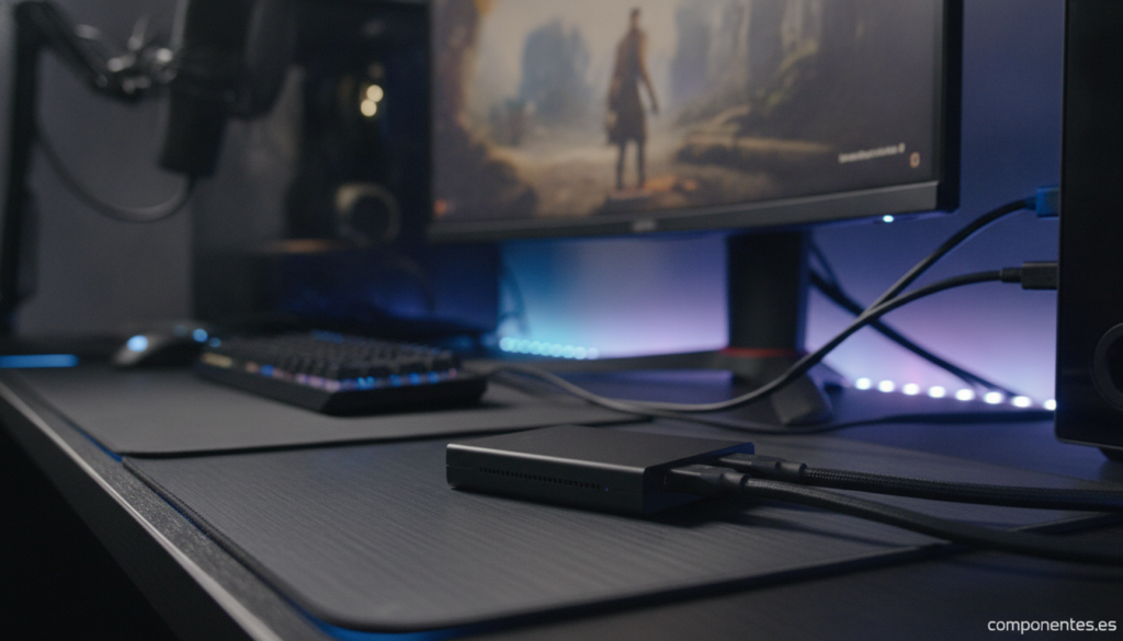 A realistic photo of a compact black capture card device connected via HDMI and USB cables on a streaming desk setup, with...