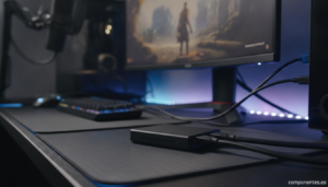 A realistic photo of a compact black capture card device connected via HDMI and USB cables on a streaming desk setup, with...