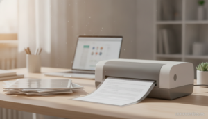 A realistic photo of a compact document laminator machine on a home office desk, feeding a sheet of paper through it, next...