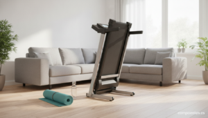 A realistic photo of a compact folding treadmill set up in a bright modern living room at home, partially folded showing i...