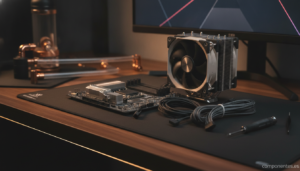 A realistic photo of a modern PC building desk scene: an AM5 socket motherboard for AMD Ryzen lying on an anti-static mat ...