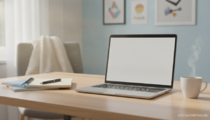 A realistic photo of a modern silver laptop open on a wooden desk in a bright student's room, notebooks and a coffee cup n...