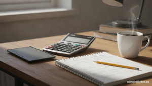 A realistic photo of a scientific calculator lying open on a wooden student desk next to a notebook with math formulas, a ...