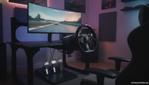 A realistic photo of a sim racing setup at home: a racing wheel with force feedback mounted on a desk rig, pedals visible ...