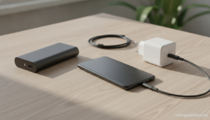 Móvil junto a cargador rápido y power bank sobre una mesa