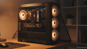 A realistic photo of an open PC case with a mesh front panel showing intake fans, side panel removed, tidy cable managemen...