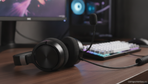 A realistic photo of modern over-ear gaming headphones with a boom microphone resting on a desk next to a mechanical keybo...