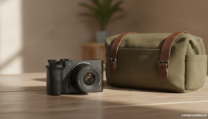 A realistic product photography scene: a compact black mirrorless camera with a kit lens resting on a wooden table next to...
