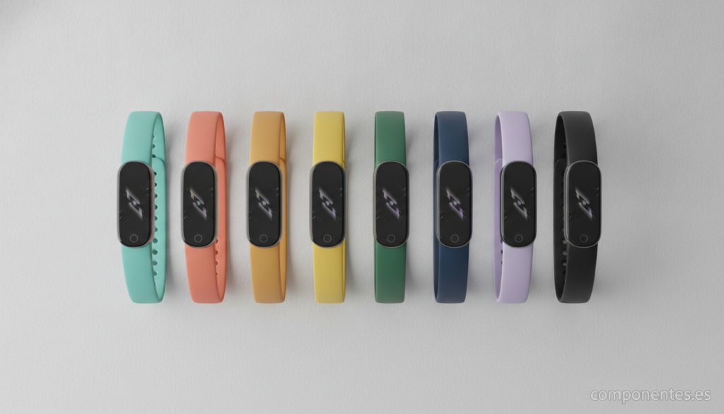 Flat lay photography of several fitness activity bands/smartbands on a light gray surface. Modern wearable devices with co...