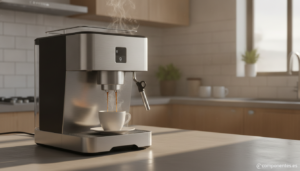 Modern automatic espresso coffee machine on a kitchen countertop, pouring espresso into a cup, steam rising, warm morning ...