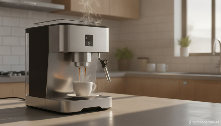 Modern automatic espresso coffee machine on a kitchen countertop, pouring espresso into a cup, steam rising, warm morning ...