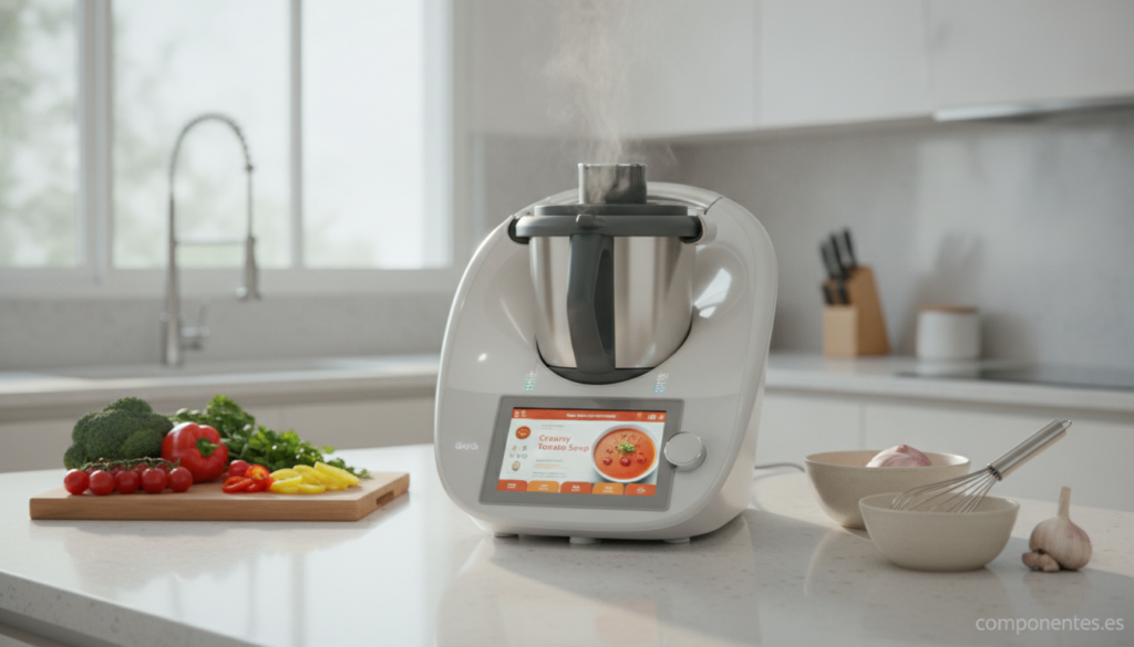 Modern multi-function kitchen robot appliance on a clean kitchen countertop, touchscreen display visible, steam rising sli...