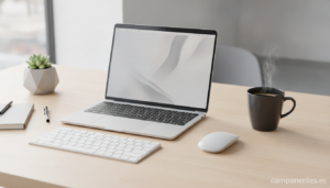 Clean modern office desk from a slight top-down angle, an ergonomic wireless mouse next to a laptop and a cup of coffee, s...