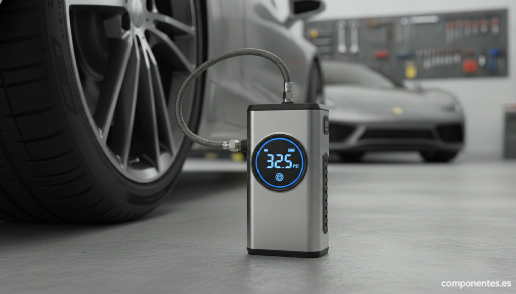 Close-up of a compact portable electric tire inflator with digital display, connected to a car tire valve in a garage or d...