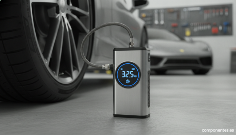 Close-up of a compact portable electric tire inflator with digital display, connected to a car tire valve in a garage or d...